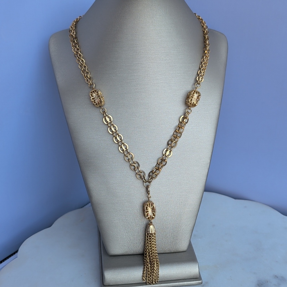Vintage Emmons Gold Tone Double Strand Chain‎ Filigree Tassel Pendant Necklace